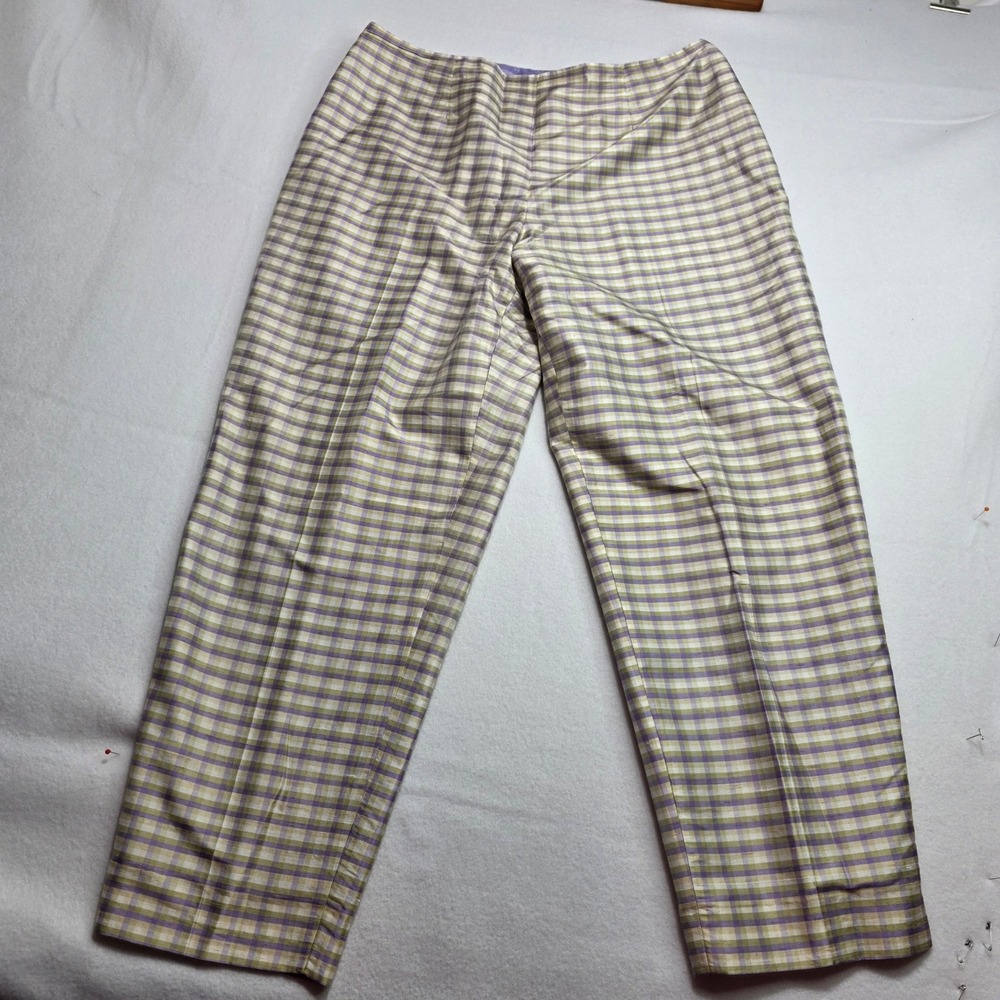 Emma‎ James Liz Claiborne 100% Silk Plaid Pants Purple Green Straight Leg Sz 16